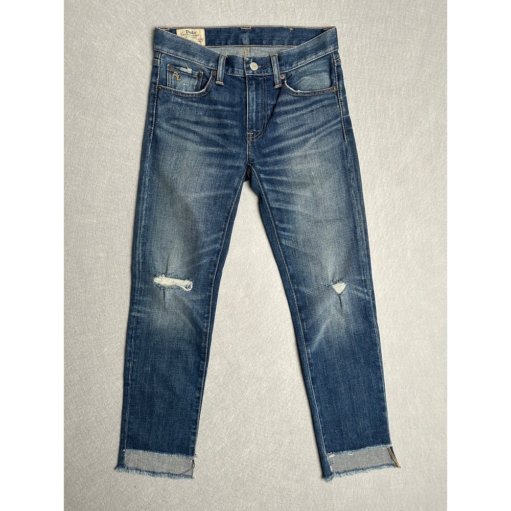 Polo Ralph Lauren Dungarees Slim Crop Jeans Blue Distressed Frayed Hem Size 25